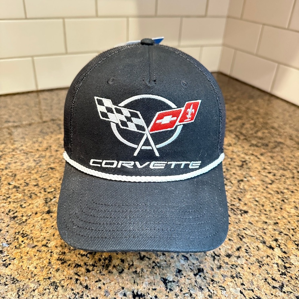 Corvette Hat GM Official Licensed Trucker Snapback Black Mens Rope Cap New
